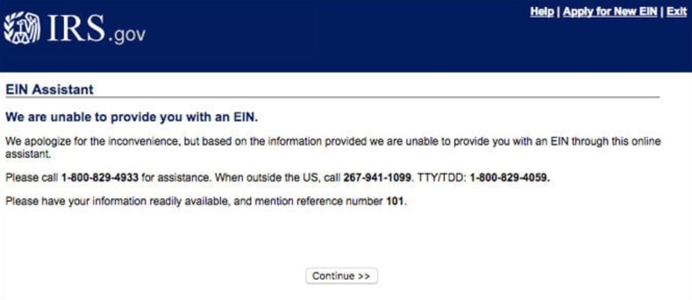 EIN reference number 101 error